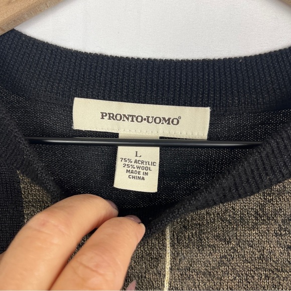 PRONTO UOMO Men's Wool Blend Graphic Sweater Pullover Crewneck Black Brown L 90s - Picture 3 of 8